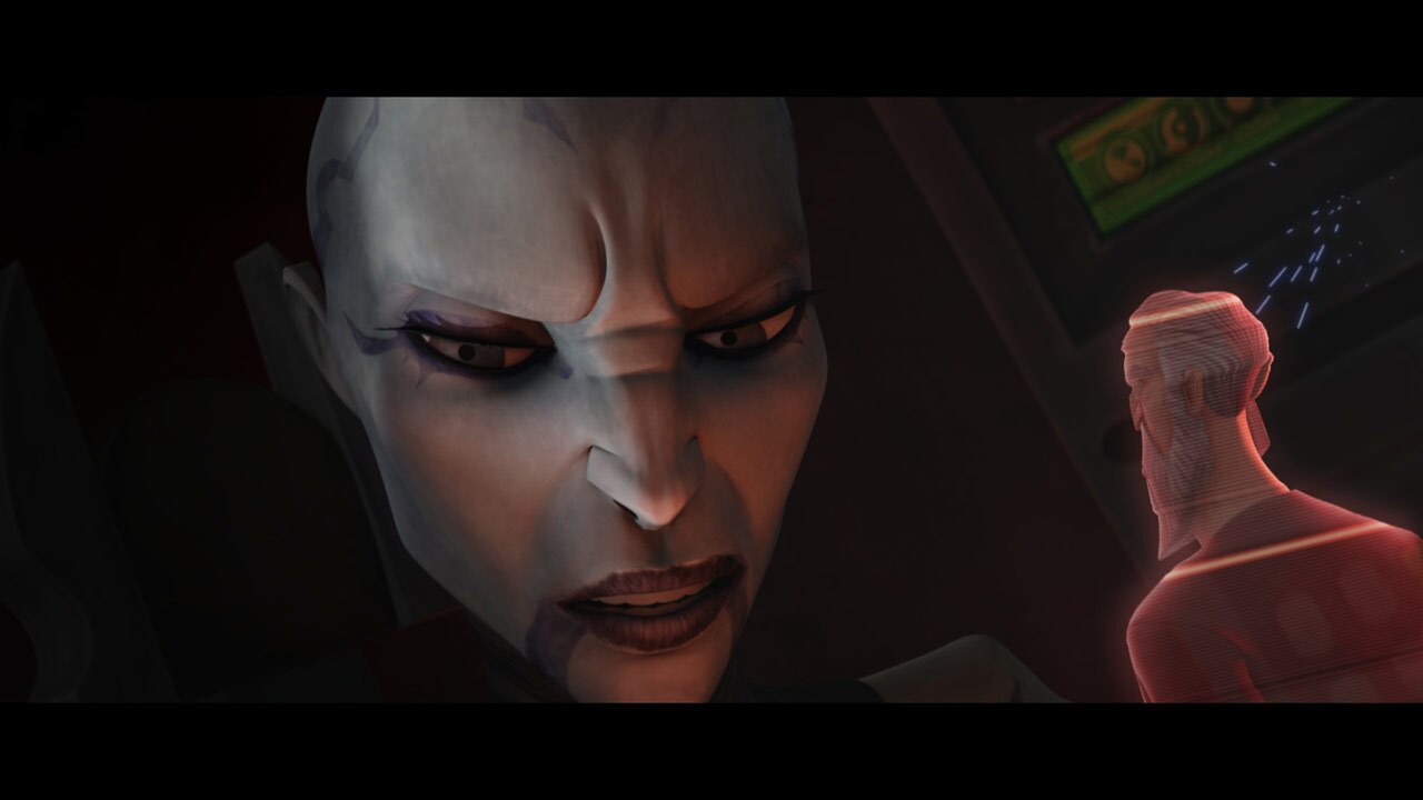 Injured, Ventress contacts Count Dooku for help. He informs her that he has pulled back her reinf...