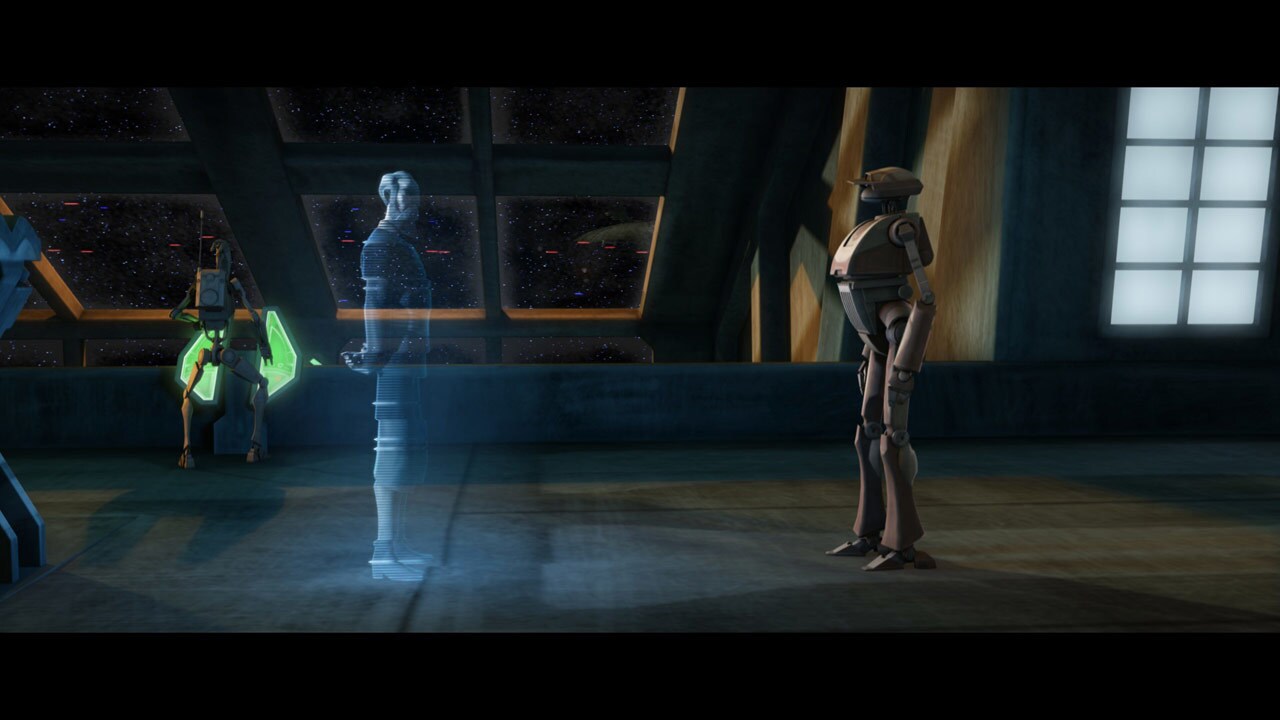 A tactical droid aboard one of the Separatist ships updates Dooku on Ventress's battle with the J...