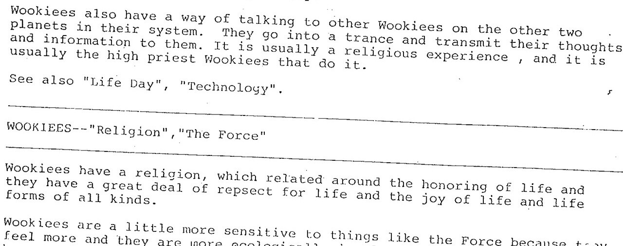 A more detailed study of Wookiee culture, believed to be transcribed by Lucasfilm’s director of publishing Carol Wikarska Titelman from interviews with George Lucas