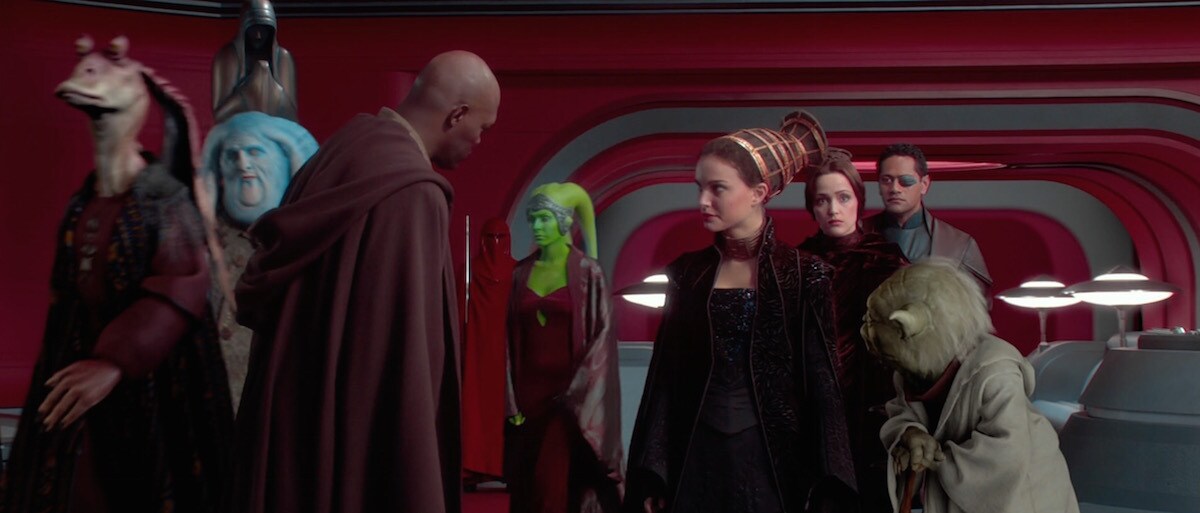 Mace Windu and Yoda greeting Orn Free Taa and other prominent Senators