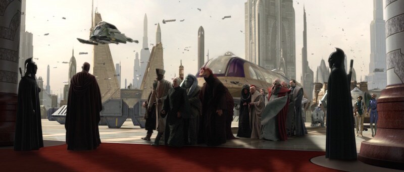 Orn Free Taa and other prominent Senators greeting Chancellor Palpatine after his rescue from General Grievous