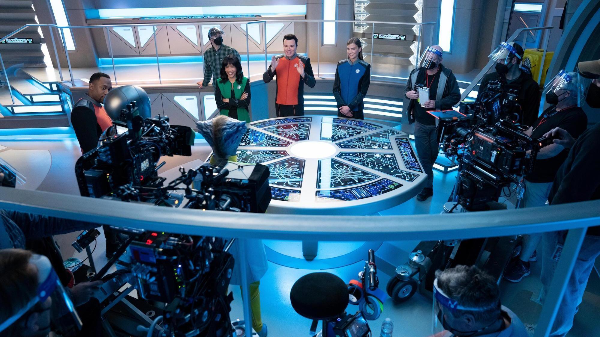 The Orville: New Horizons -- “From Unknown Graves” - Episode 307 -- The Orville discovers a Kaylon with a very special ability. Lt. Cmdr. John LaMarr (J Lee), Dr. Claire Finn (Penny Johnson Jerald), Capt. Ed Mercer (Seth MacFarlane), and Cmdr. Kelly Grayson (Adrianne Palicki), shown. (Photo by: Greg Gayne/Hulu)