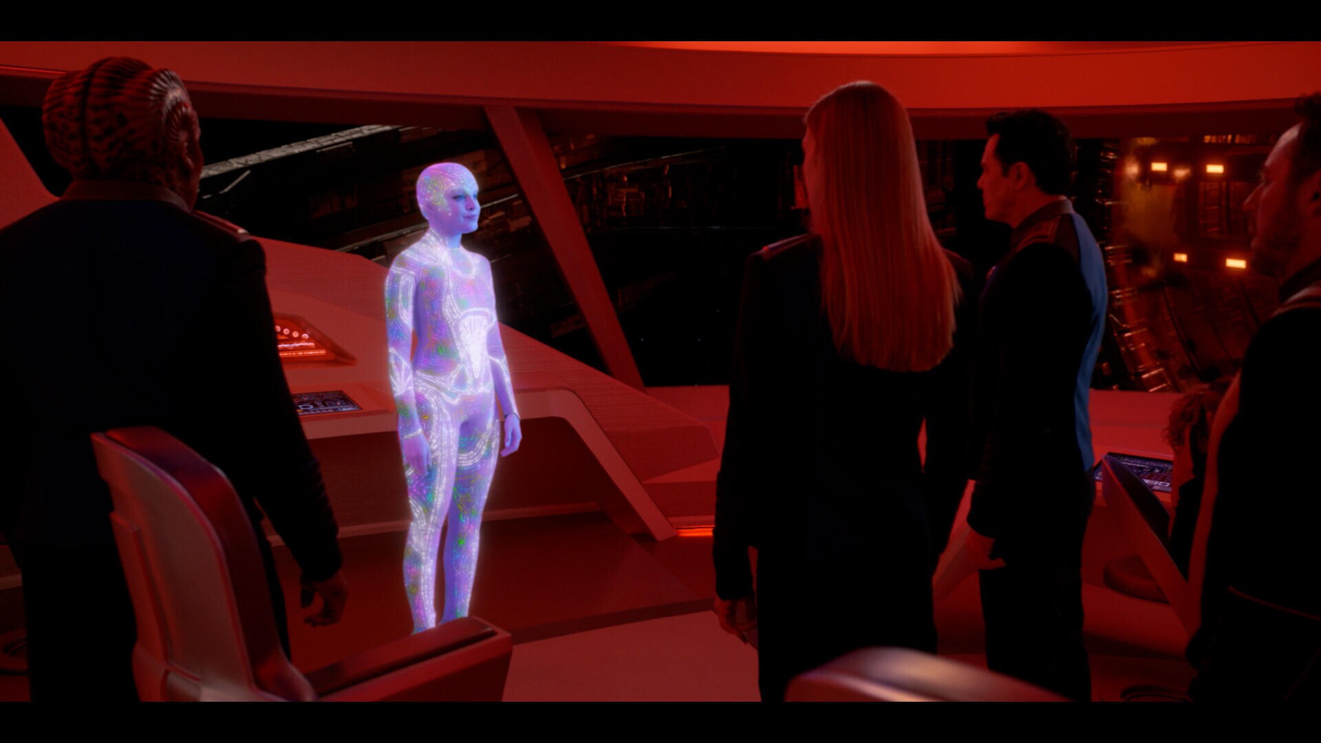 The Orville: New Horizons -- “Mortality Paradox” - Episode 303 -- The Orville crew discovers signs of modern civilization on a planet known to be uninhabited. Lt. Cmdr. Bortus (Peter Macon), Dina (Elizabeth Gillies), Cmdr. Kelly Grayson (Adrianne Palicki), Capt. Ed Mercer (Seth MacFarlane), and Lt. Gordon Malloy (Scott Grimes), shown. (Photo by: Hulu)