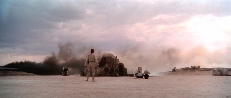 Luke Skywalker discovering the destroyed home of Owen Lars