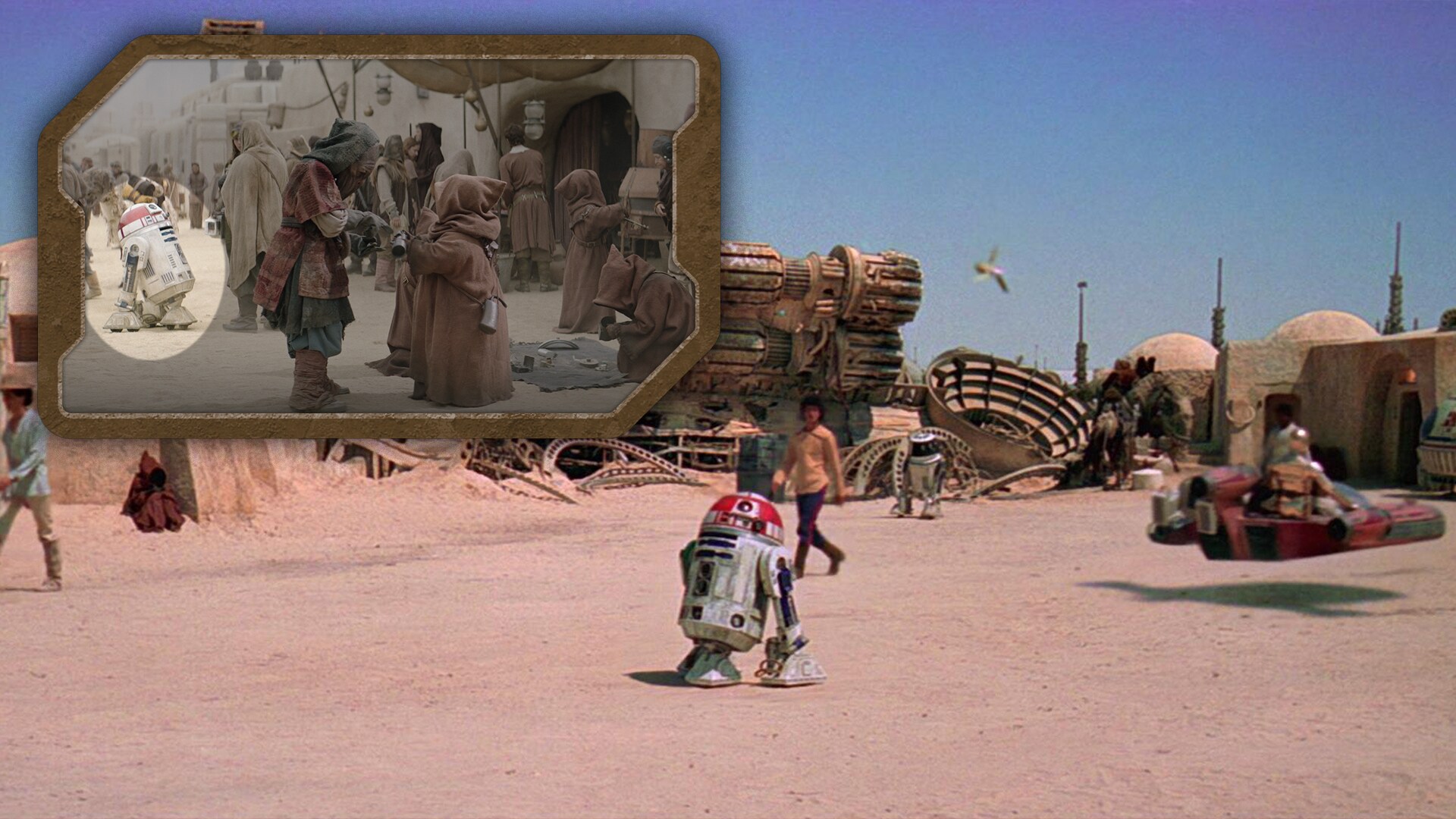 As the episode opens in Mos Eisley, one of the background droids is a recreation of an astromech ...