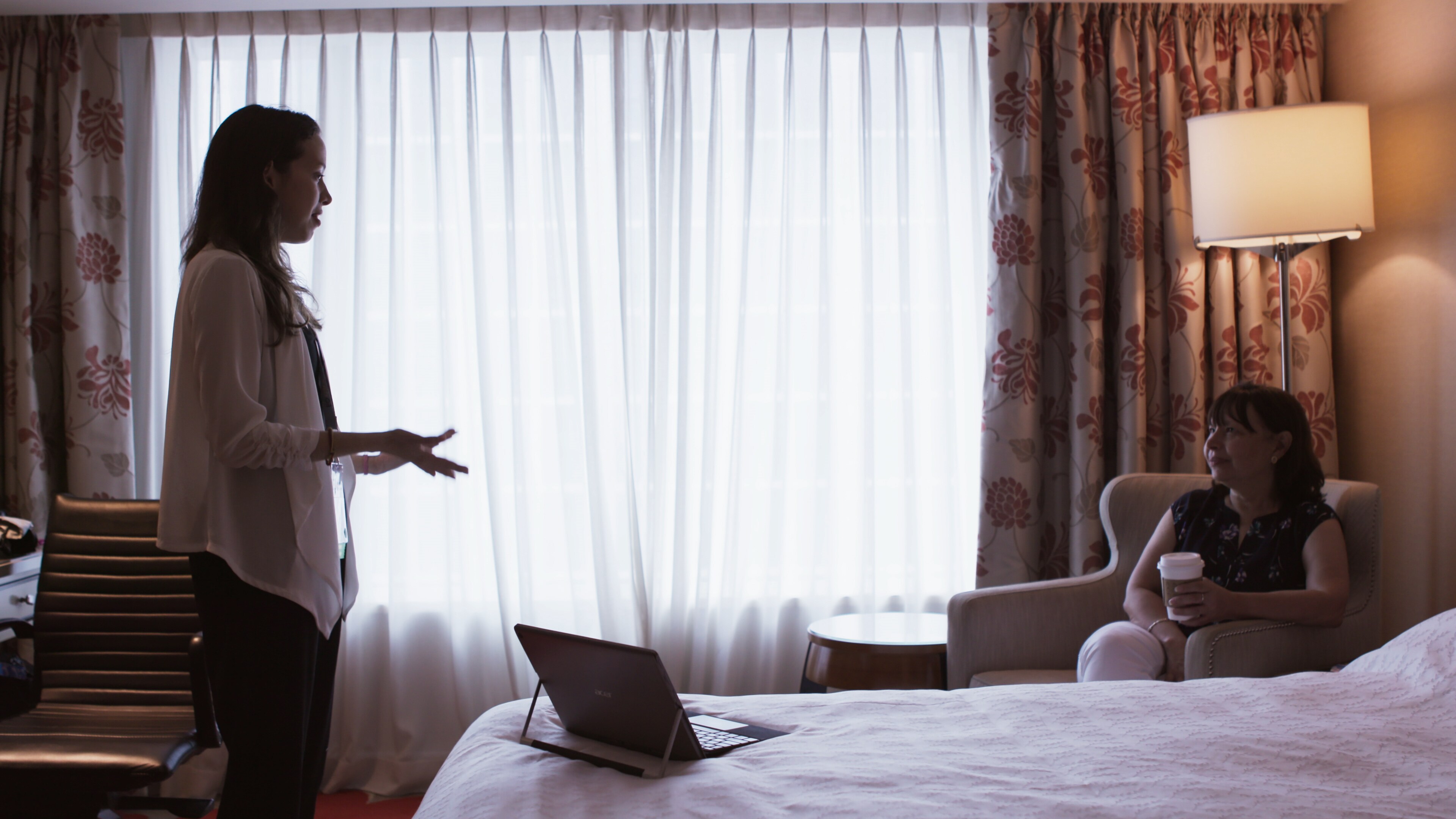 Macau, China - Daniela Blanco (L) practices her pitch with her mother, Maria Eugenia Blanco. (Credit: Future of Work Film Inc)