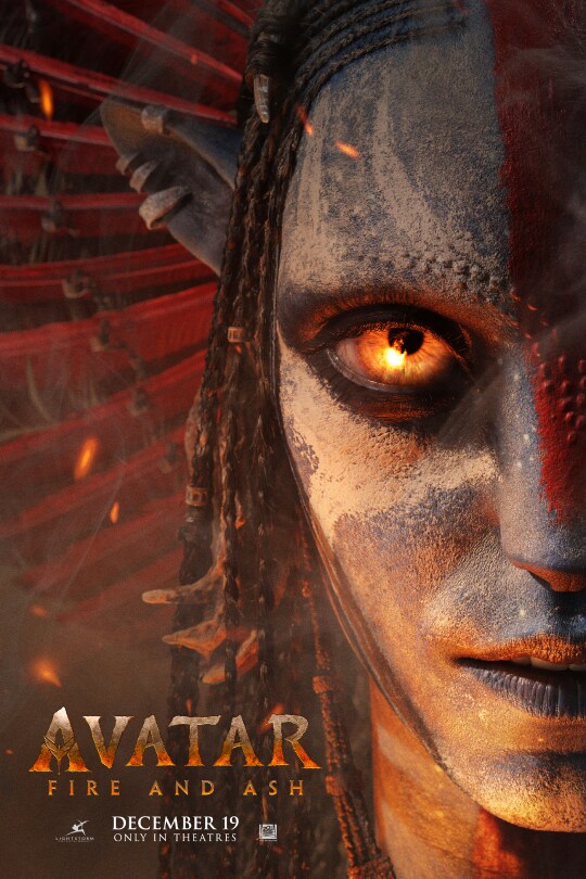 Varang stares ahead with half of her face visible, and glowing embers falling around her | Avatar: Fire and Ash | December 19 | Only in theaters | movie poster