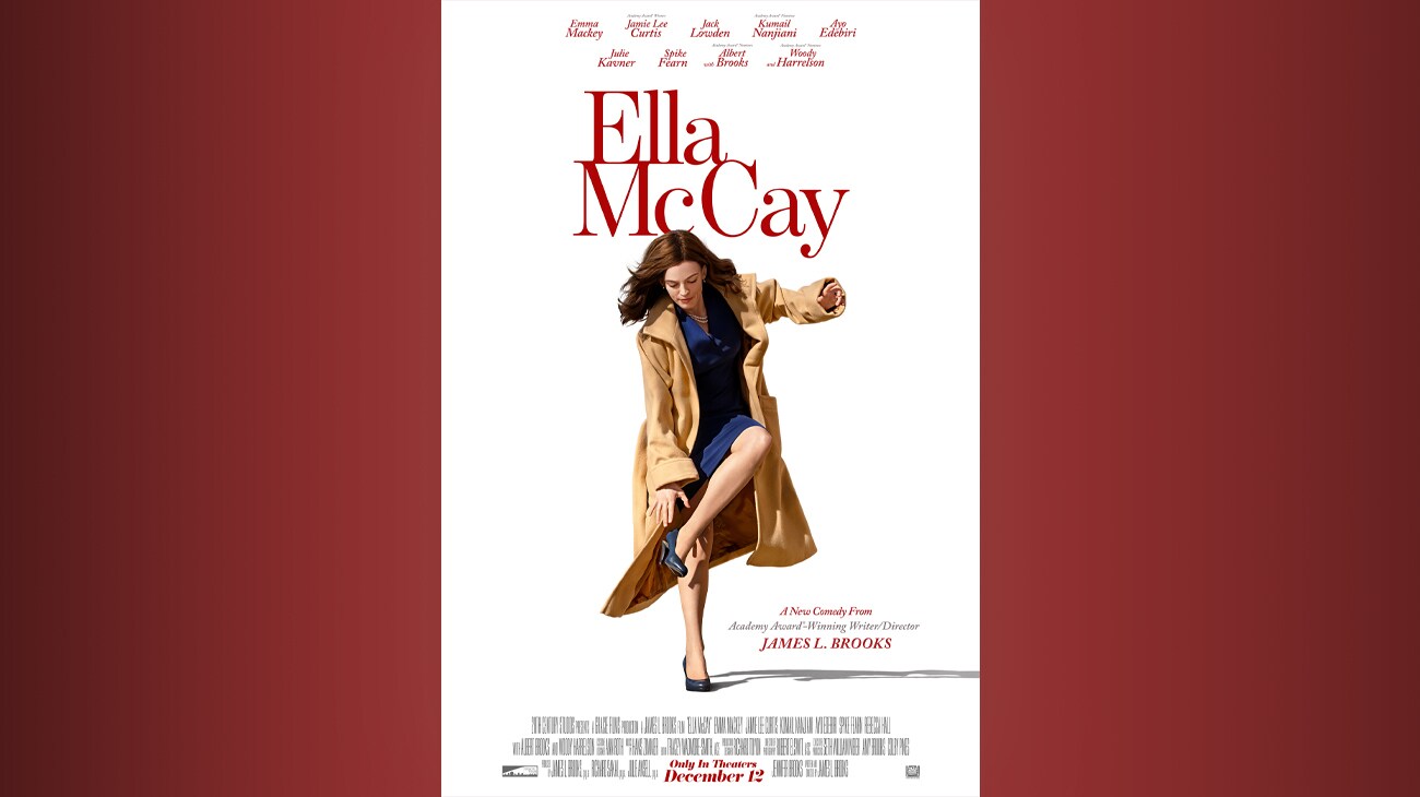 Ella McCay (actor Emma Mackey) standing on one leg while putting a shoe on the other from the 20th Century Studios movie, "Ella McCay." | Emma Mackey, Jamie Lee Curtis, Jack Lowden, Kumail Nanjiani, Ayo Edebiri, Julie Kavner, Spike Fearn, with Albert Brooks and Woody Harrelson | Ella McCay | A new comedy from Academy® Award-winning writer/director James L. Brooks | Only in theaters December 12 | movie poster