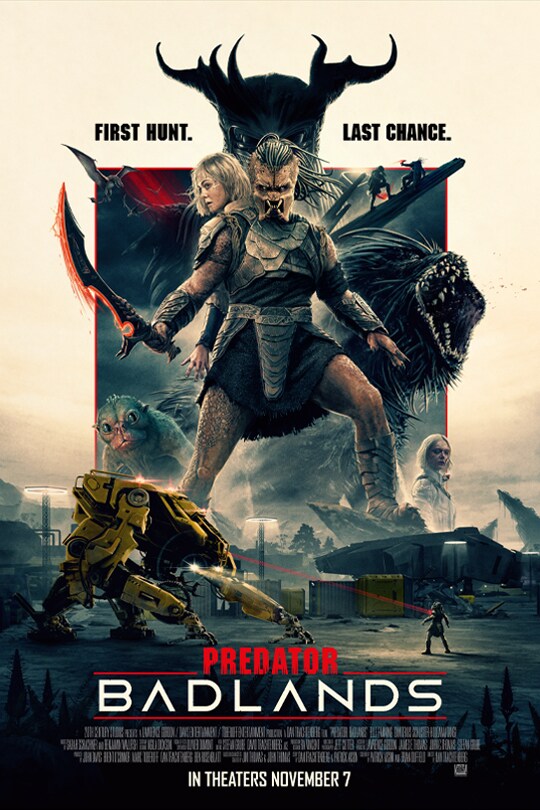 Image of Thia (Elle Fanning) on the back of the predator Dek (Dimitrius Schuster-Koloamatangi), who is holding a large sword.  There are several other characters and a vehicle with large protruding arms. | First hunt. Last chance. | Predator: Badlands | In theaters November 7 | movie poster