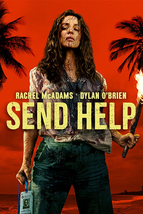  Image of Linda Liddle (actor Rachel McAdams) holding a torch in one hand and a work ID badge in the other while in a beach setting. \| Rachel McAdams \| Dylan O'Brien \| Send Help \| movie poster
