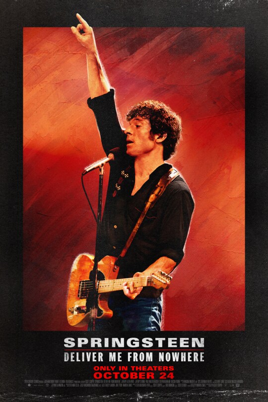 An image featuring Bruce Springsteen (Jeremy Allen White) at a microphone holding his right arm up while holding a guitar. | Springsteen: Deliver Me From Nowhere | Only in theaters October 24 | movie poster