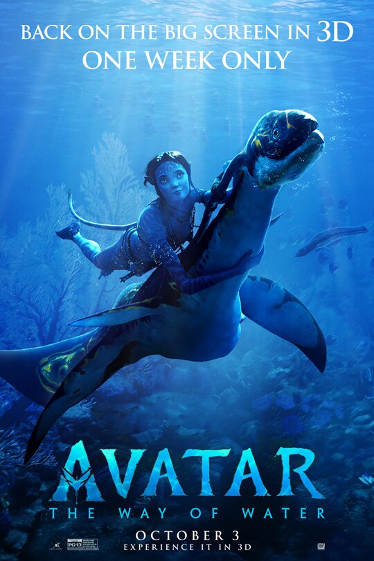 Image of a Na'vi riding an ilu underwater. | Back on the big screen in 3D | One week only | Avatar: The Way of Water | October 3 | Experience it in 3D | Rated PG-13 | movie poster