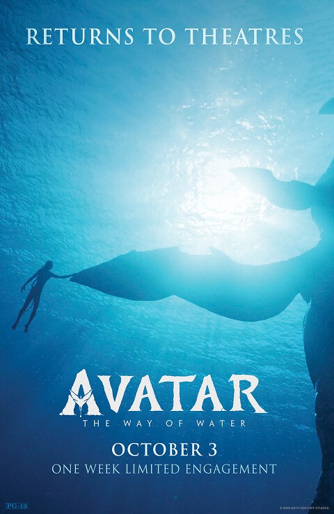 Image of a Na'vi holding the flipper of a tulkun under water | Returns to theatres | Avatar: The Way of Water | October 3 | One week limited engagement | movie poster