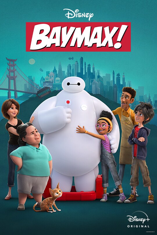Baymax, the giant inflatable white robot stands holding a small lollypop while being hugged. Four other characters stand around him, a city is in the background with a aqua-hue.
