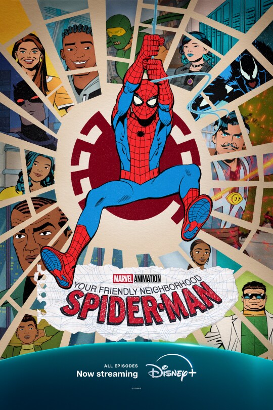 Animated image of Spider-Man swinging on a web with several animated characters in the background | Marvel Animation | Your Friendly Neighborhood Spider-Man | All episodes now streaming | Disney+ | movie poster