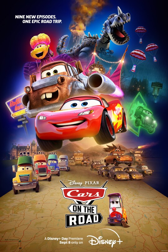 Nine new episodes. One epic road trip. | Disney•Pixar | Cars on the Road | A Disney+ Day Premiere Sept 8 only on Disney+ | movie poster