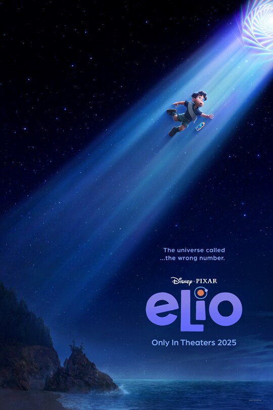 Animated image of Elio being beamed into the sky at night | The universe called...the wrong number. | Disney•Pixar | Elio | Only in theaters 2025 | movie poster