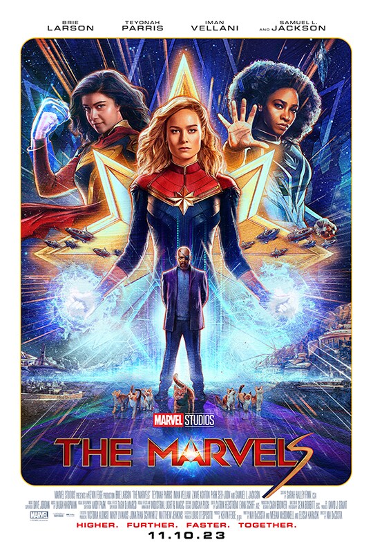 Brie Larson | Teyonah Parris | Iman Vellani | and Samuel L. Jackson | Marvel Studios | The Marvels | Higher. Further. Faster. Together. | 11.10.23 | movie poster