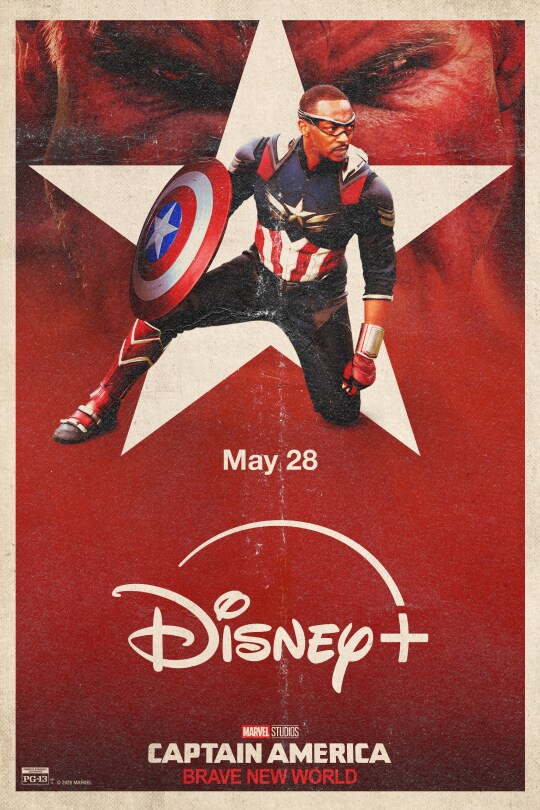 Image of Captain America (Anthony Mackie) kneeling in front of a star and the face of Red Hulk | May 28 | Disney+ | Marvel Studios | Captain America: Brave New World | Rated PG-13 | © 2025 Marvel | movie poster