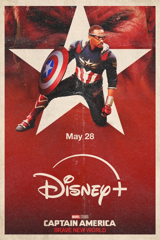 Official movie poster for Marvel Studios' Captain America: Brave New World featuring Anthony Mackie resting his shield on one knee