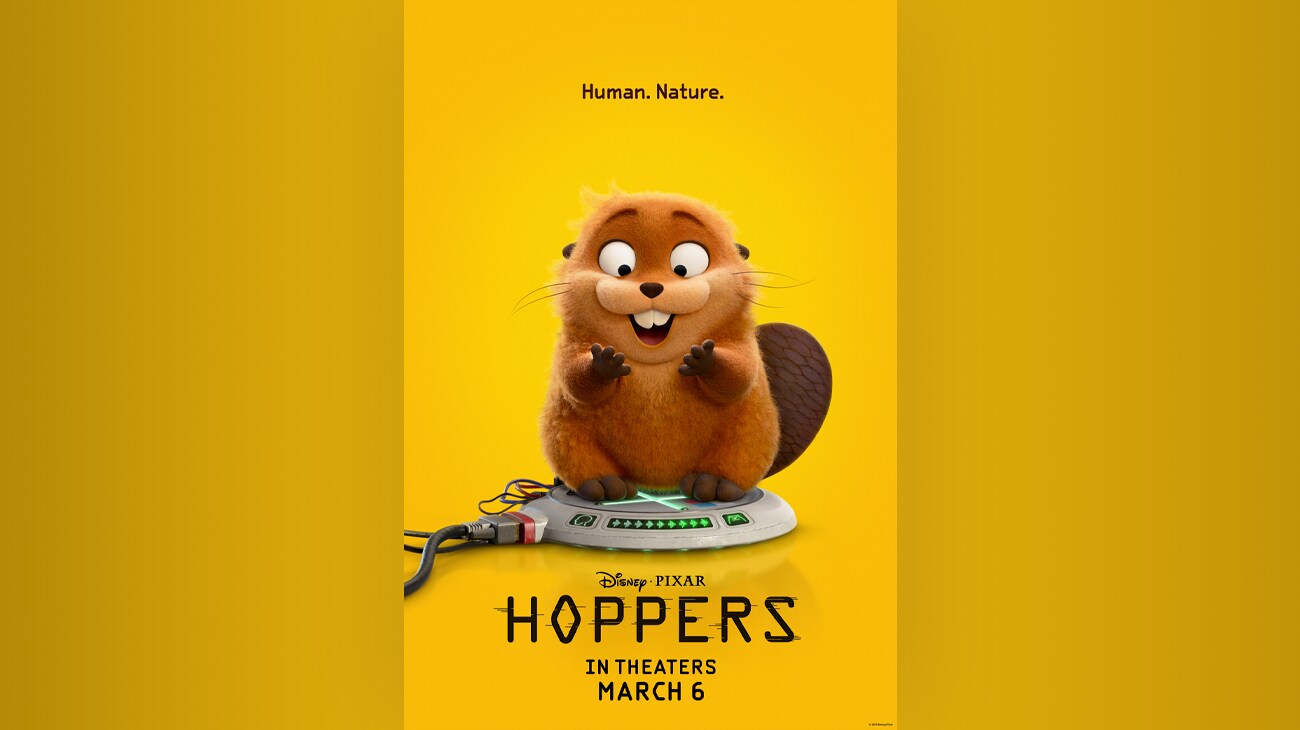 Animated still image of a beaver, Mabel, smiling while sitting on top of an electronic pad. | Human. Nature. | Disney•Pixar | Hoppers | In theaters March 6 | movie poster