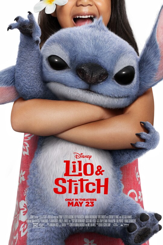 Image of Lilo holding Stitch | Disney | Lilo & Stitch | Only in theaters May 23 | Rated PG | movie poster