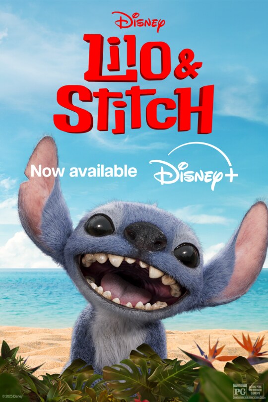Image of Stitch smiling in front of a beach | Disney | Lilo & Stitch | Now available | Disney+ | movie poster