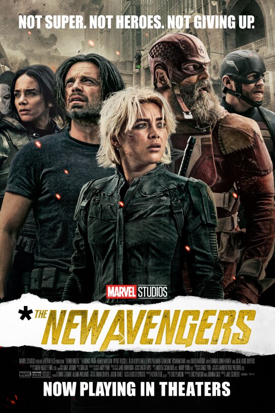 Not super. Not heroes. Not giving up. | Image of Ghost (Hannah John-Kamen), Taskmaster (Olga Kurylenko), John Walker (Wyatt Russell), Bucky Barnes (Sebastian Stan), Alexei Shostakov/Red Guardian (David Harbour), and Yelena Belova (Florence Pugh). They are in the middle of a city starting into the distance. From the Marvel Studios movie, "*The New Avengers." | Now playing only in theaters | Rated PG-13 | movie poster
