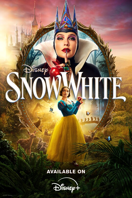 Image of the Evil Queen (actor Gal Gadot) appearing from the magic mirror holding an apple with her finger to her lips and Snow White (actor Rachel Zegler) in front of the mirror looking off into the distance. | Disney | Snow White | Available on Disney+ | movie poster