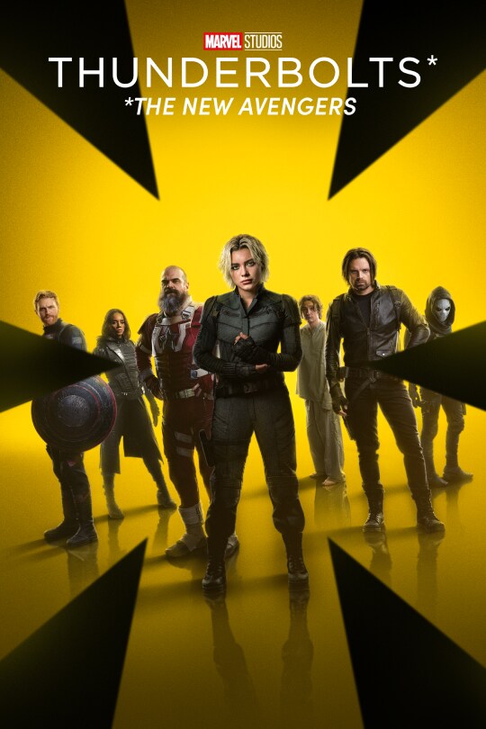 Image of Yelena Belova (Florence Pugh), Ghost (Hannah John-Kamen), Taskmaster (Olga Kurylenko), John Walker (Wyatt Russell), Bucky Barnes (Sebastian Stan), Alexei Shostakov/Red Guardian (David Harbour), and Bob (Lewis Pullman) standing together. | Marvel Studios "Thunderbolts*: *The New Avengers" | movie poster