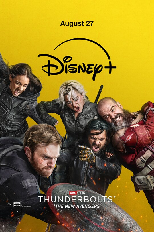 August 27 | Disney+ | Image of Yelena Belova (Florence Pugh), Ghost (Hannah John-Kamen), John Walker (Wyatt Russell), Bucky Barnes (Sebastian Stan), Alexei Shostakov/Red Guardian (David Harbour) in action. | Marvel Studios "Thunderbolts*: *The New Avengers" | Rated PG-13 | movie poster