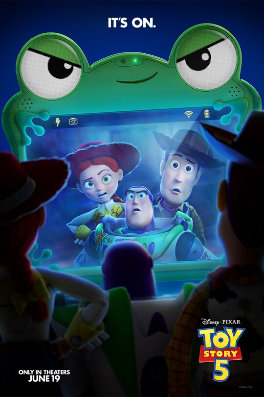 Image of a tablet with a frog cover displaying Woody, Jessie, and Buzz Lightyear on camera. They are watching themselves on the screen. | It's on. | Only in theaters June 19 | Disney•Pixar | Toy Story 5 | movie poster