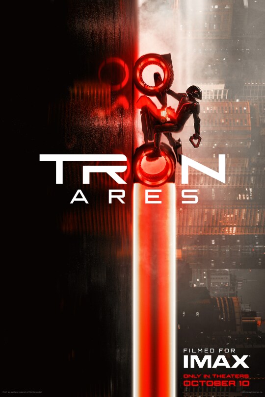 Image of a helmeted person in a futuristic outfit riding a light cycle on a city street. | Tron: Ares | Filmed for IMAX | Only in theaters October 10 | movie poster