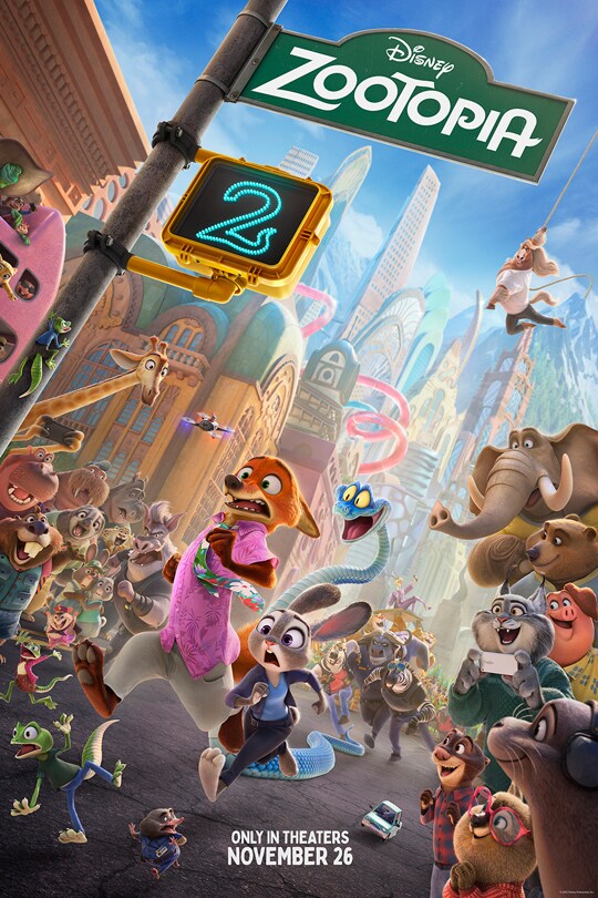 Animated image of Judy Hopps (voice of Ginnifer Goodwin), Nick Wilde (voice of Jason Bateman), Gary De’Snake (voice of Ke Huy Quan) running down a city street with several onlookers watching. | Disney | Zootopia 2 | Only in theaters November 26 | movie poster