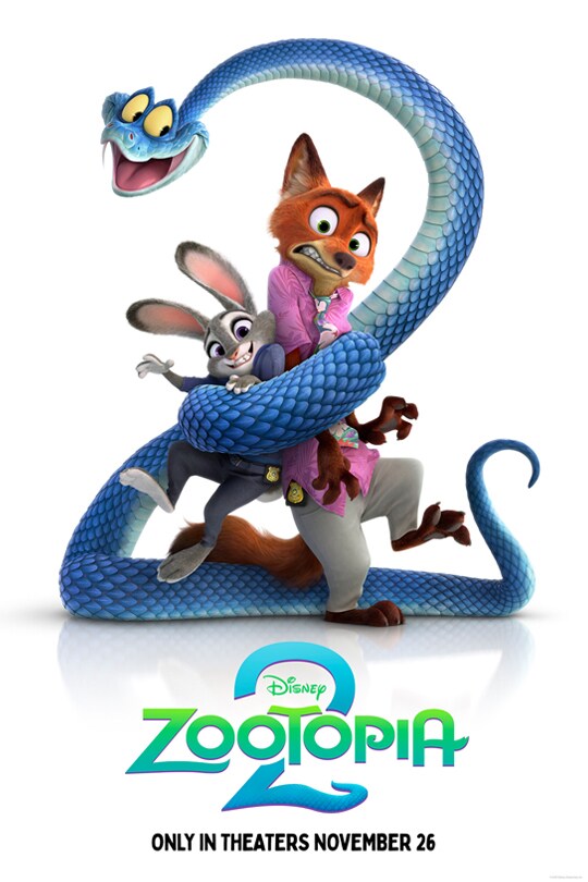 Animated image of rabbit Judy Hopps (voice of Ginnifer Goodwin), fox Nick Wilde (voice of Jason Bateman) and a snake called Gary De’Snake (voice of Ke Huy Quan). | Disney | Zootopia 2 | Only in theaters November 26 movie poster