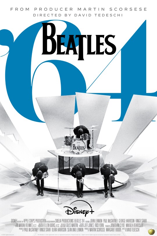 Image of The Beatles on a stage bowing | From Producer Martin Scorsese | Directed by David Tedeschi | Beatles '64 | Disney+ | movie poster