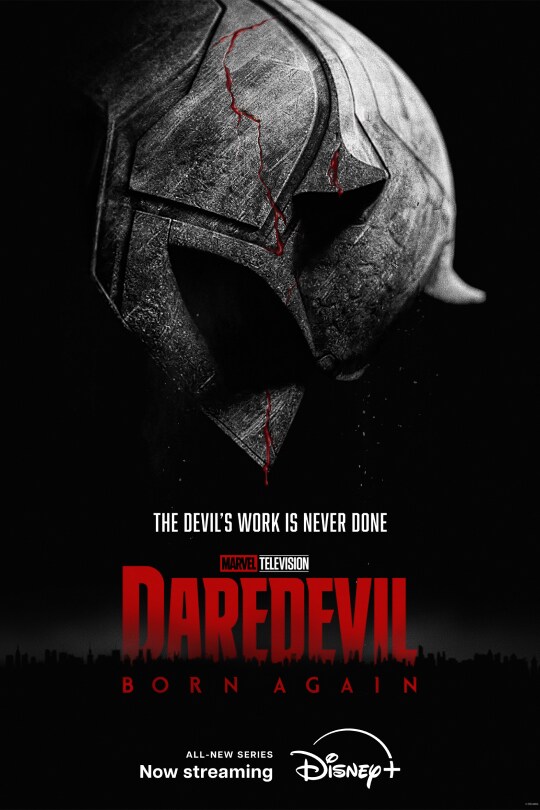 An image of Daredevil's mask | The devil's work is never done | Marvel Television | Daredevil: Born Again | All-new series | Now streaming | Disney+ | movie poster