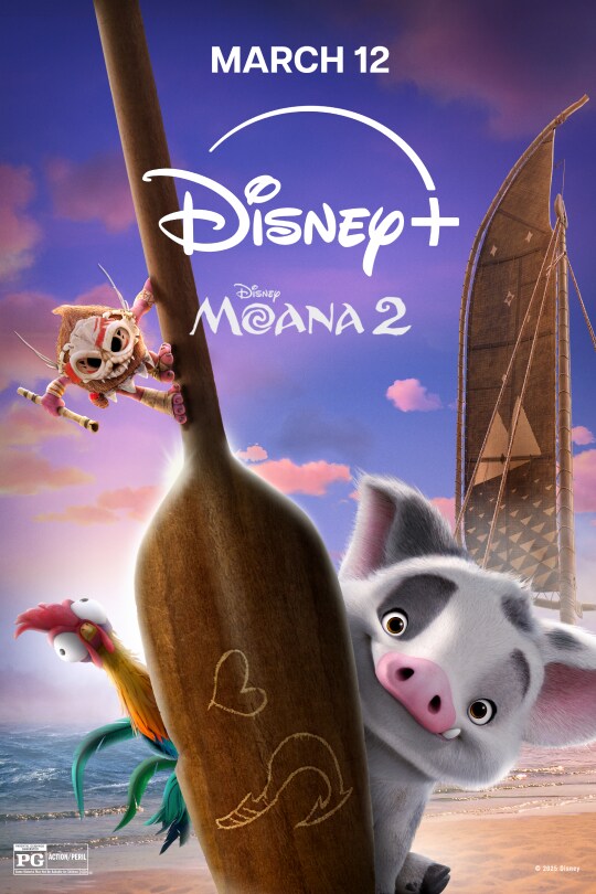 An image of a Kakamora holding on to an oar with Heihei and Pua peeking from behind it on a beach. | March 12 | Disney+ | Disney Moana 2 | movie poster