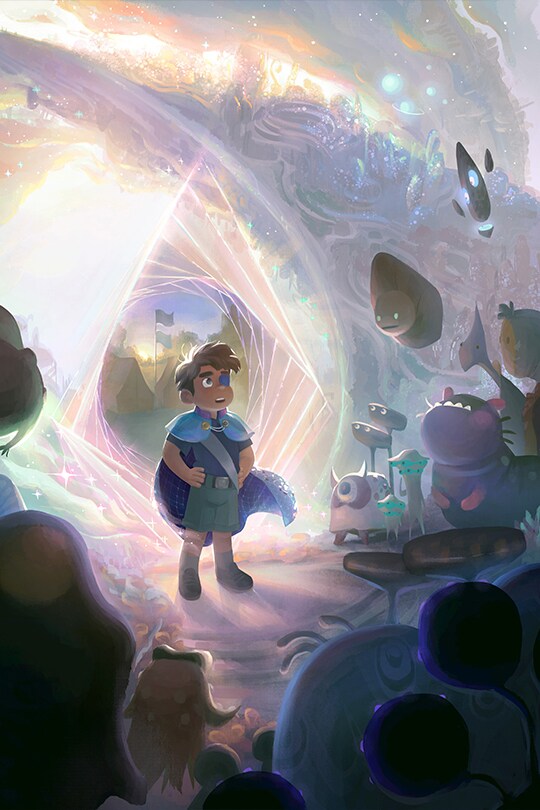 Concept art poster image of Elio standing in front of creatures from the Disney•Pixar movie, "Elio".