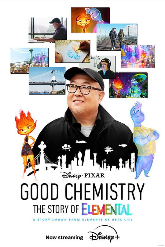 Disney•Pixar | Good Chemistry: The Story of Elemental | A story drawn from elements of real life. | Now streaming | Disney+ | movie poster