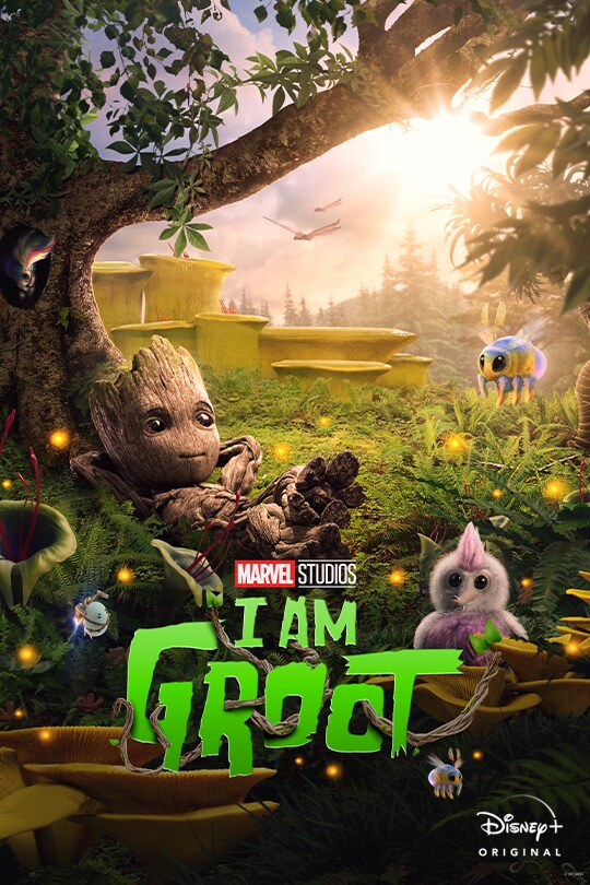 Groot lays against a tree with his legs up, a colourful green field is in the background with some cute creatures roaming under the bright sun. 