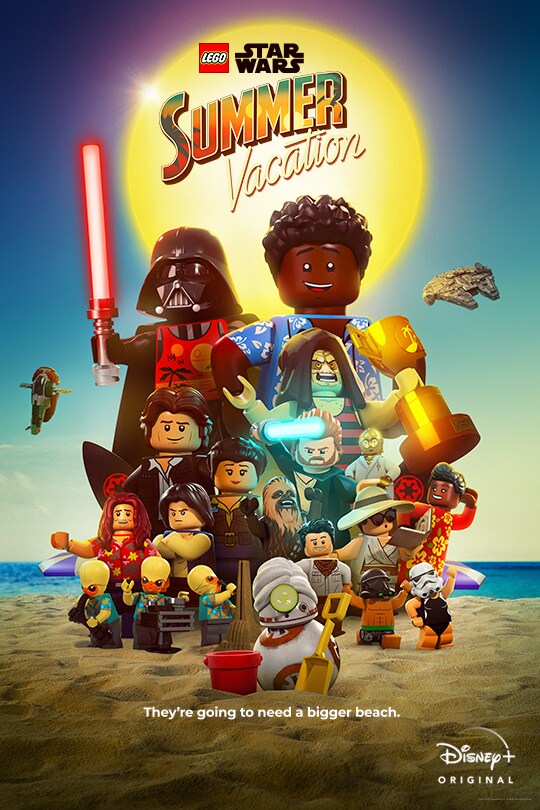 A poster of a range of Star Wars characters as LEGO figurines, enjoying the beach with the sun in the background,