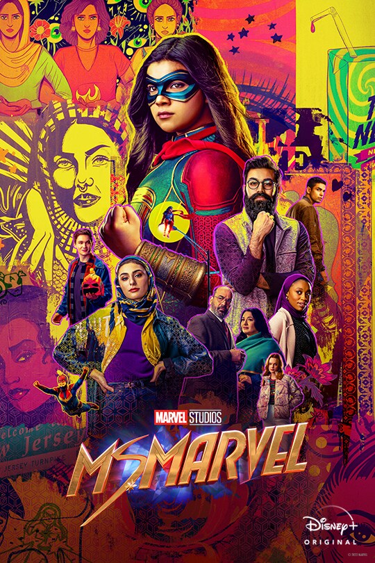 Ms Marvel and all the supporting cast of the Disney+ original stand around each other in various poses, a wide range of bright colours used.