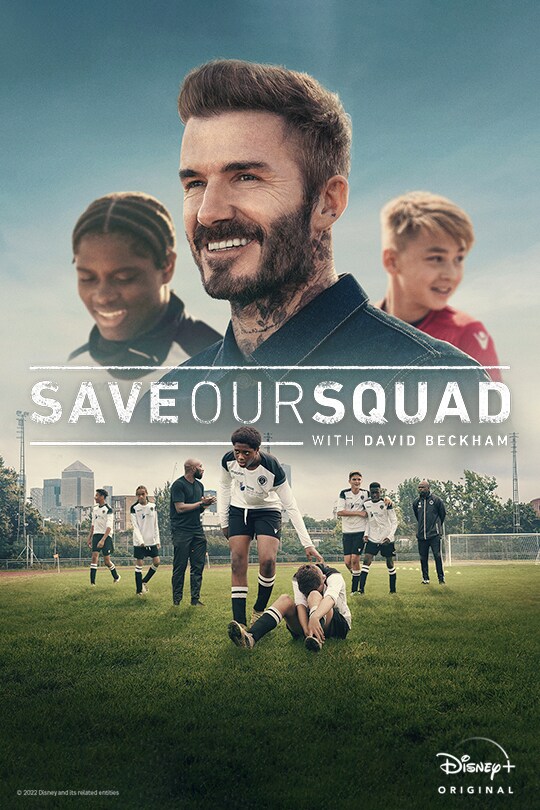 An image of David Beckham's face, next to two players, the title 'Save our Squad with David Beckham' sits below, beneath that is a field with a number of players standing, sitting and walking on it.