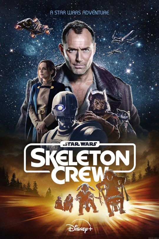 Image of Jod Na Nawood (actor Jude Law) and characters from Star Wars: Skeleton Crew | A Star Wars Adventure | Star Wars: Skeleton Crew | Disney+ | movie poster