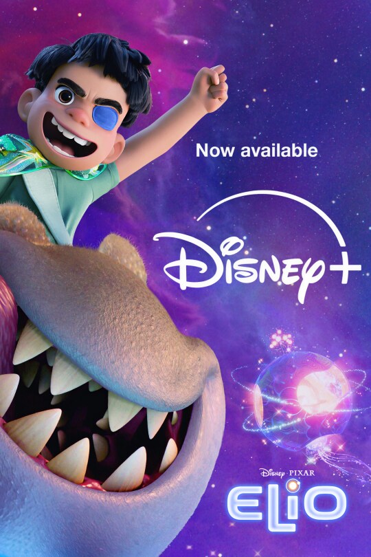 Image of Elio (voice of Yonas Kibreab), Glordon (voice of Remy Edgerly), and OOOOO (voice of Shirley Henderson). | Now available | Disney+ | Disney•Pixar | Elio | movie poster