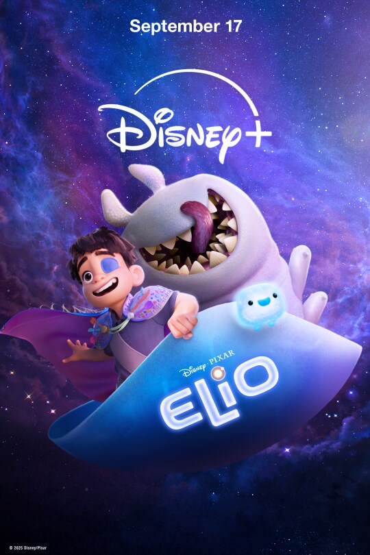 Animated image of Elio (voice of Yonas Kibreab), Glordon (voice of Remy Edgerly), and OOOOO (voice of Shirley Henderson) riding in a carpet-like object in space. | September 17 | Disney+ | Disney•Pixar | Elio | movie poster
