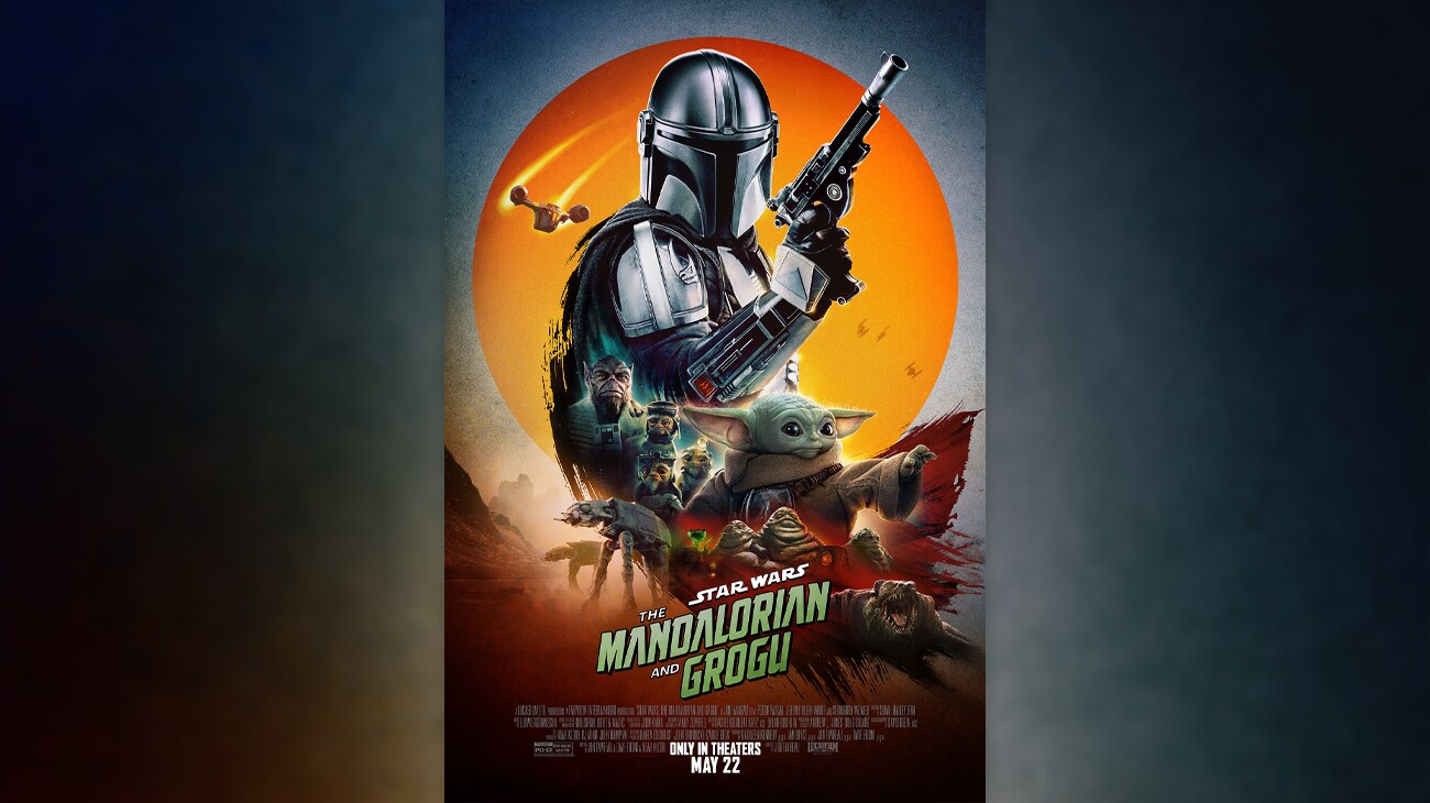 Image of The Mandalorian, Grogu, Zeb, the Hutts, the Razor Crest, two Imperial walkers, and several other creatures set against an orange planet. | Star Wars: The Mandalorian and Grogu | Rated PG-13 | Only in theaters May 22 | movie poster