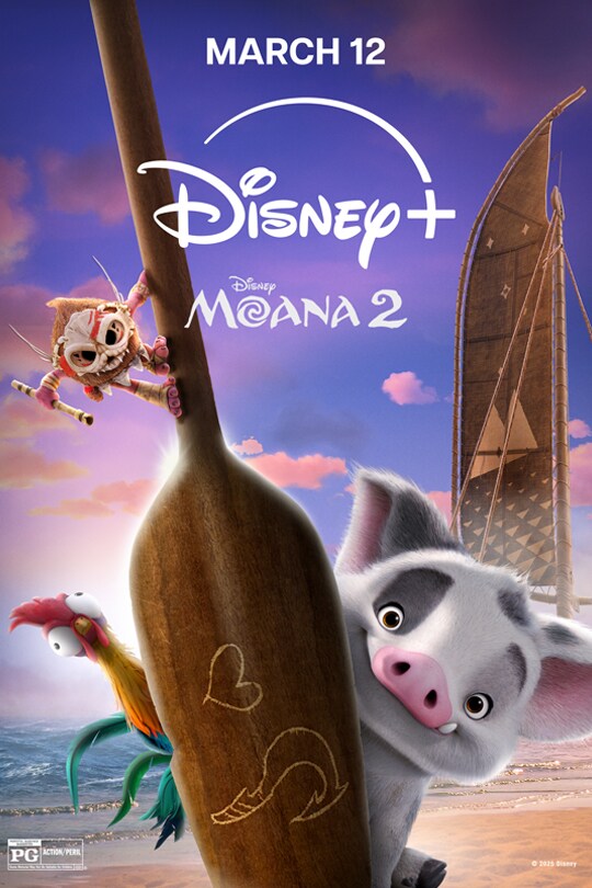 An image of a Kakamora holding on to an oar with Heihei and Pua peeking from behind it on a beach. | March 12 | Disney+ | Disney Moana 2 | movie poster