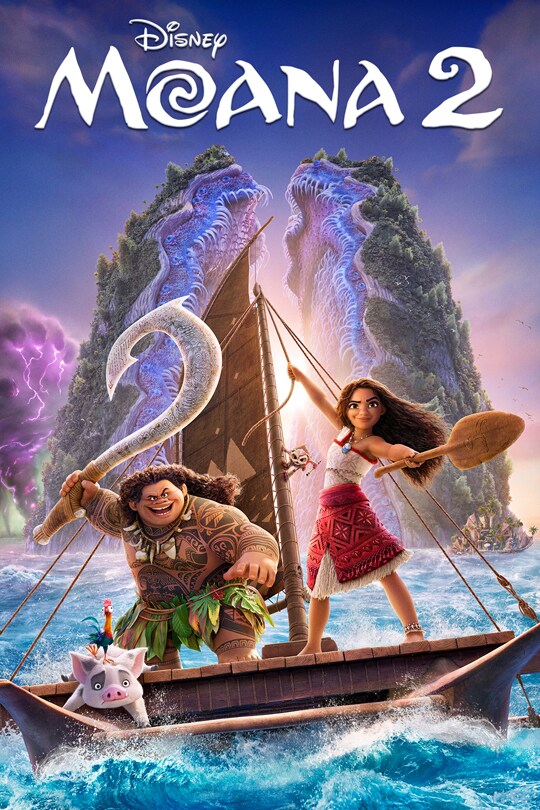 Image of Maui, Moana, Heihei, and Pua on a boat at sea in front of an island. | Disney | Moana 2 | movie poster